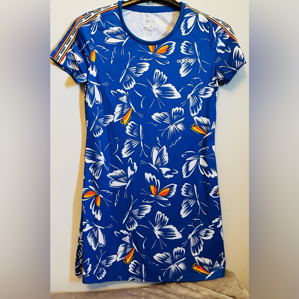 adidas x FARM Rio Butterfly Print Short Sleeve T-Shirt Dress Blue Size M EI4825